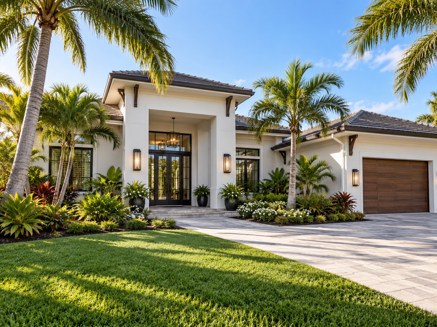 White Florida home with a covered entrance, wood garage door and tropical landscaping